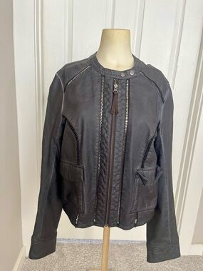 Anthropologie Dark Gray Leather Zip Jacket with Braided Trim